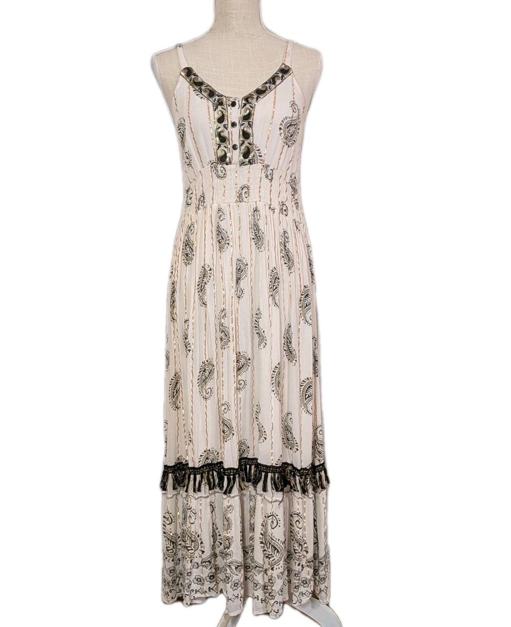 Me 2 Magic Anthropologie XL Boho Paisley Print Maxi Dress Flowy Cream Gold Black